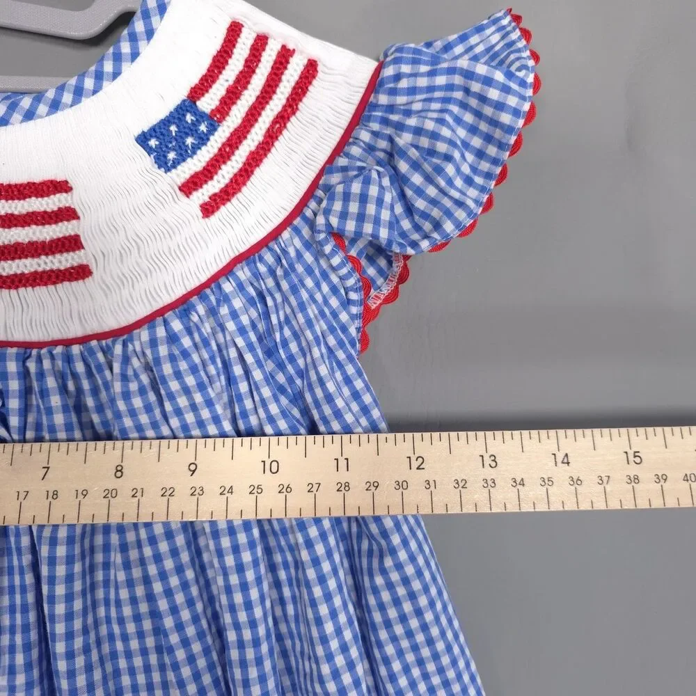 PLEATS & STITCHES Kids Girls Smocked Dress 5 USA Flags‎ Check Blue 100% HANDMADE